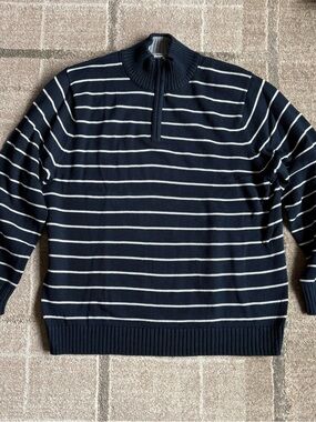 L.L.Bean navy and white striped quarter-zip cotton sweat size XL